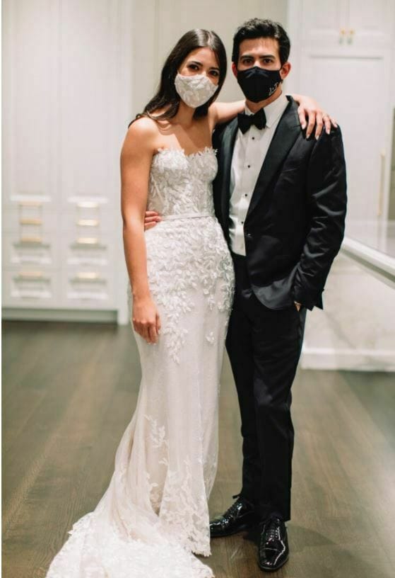 Jessica wearing Chaz gown and matching mask