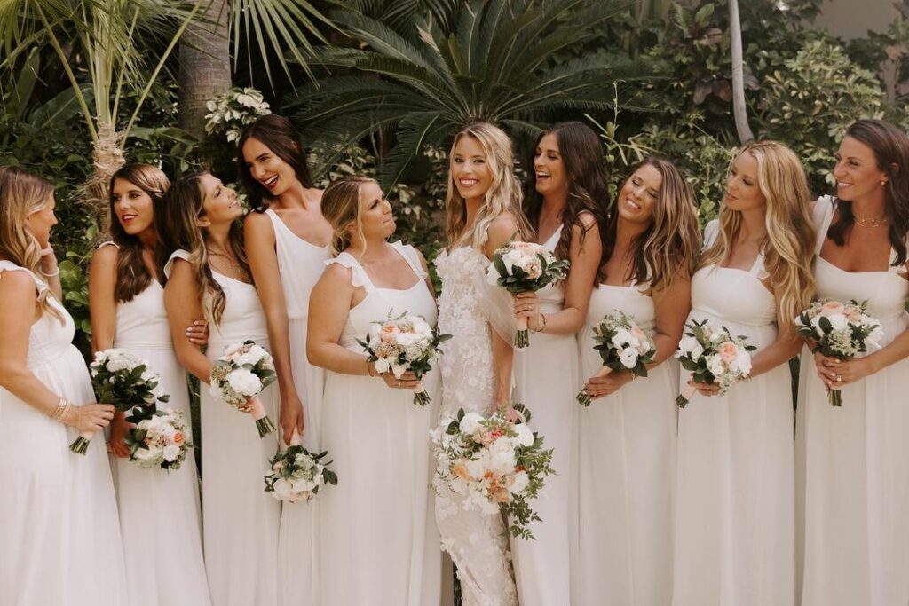 Mira bride with her bridesmaids in white