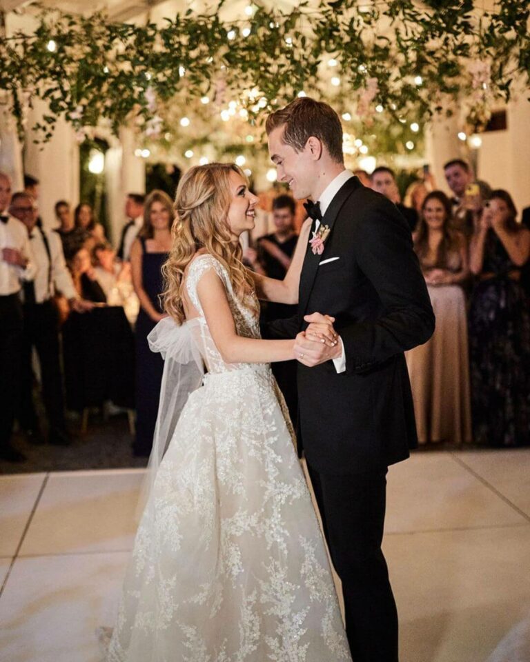 Becca wearing Jamie gown & draped sleeves
