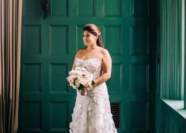 Sarah wearing Beatrice gown