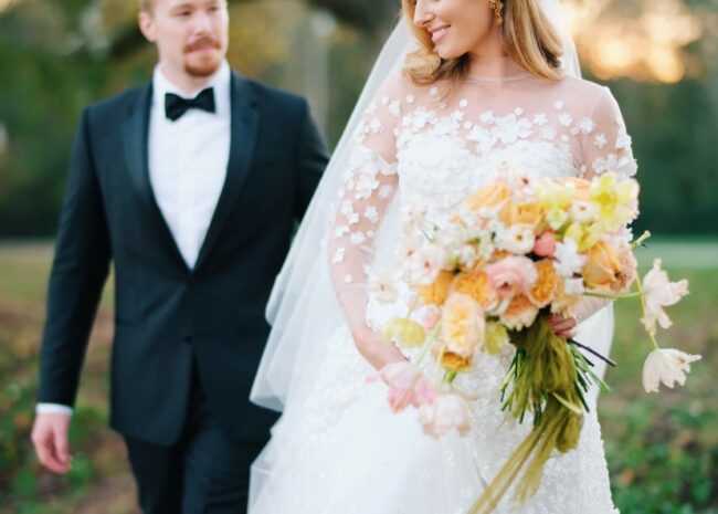 Heather wearing Gigi gown & topper