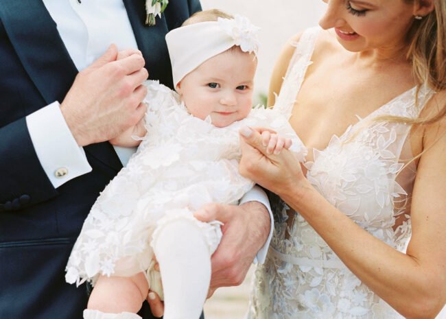 Madeleine wearing Tonya gown & matching baby dress