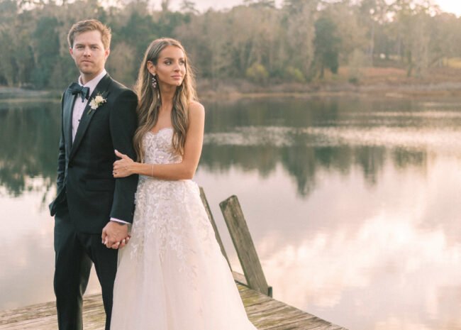 Hannah wearing Audrey gown & veil with matching baby Audrey