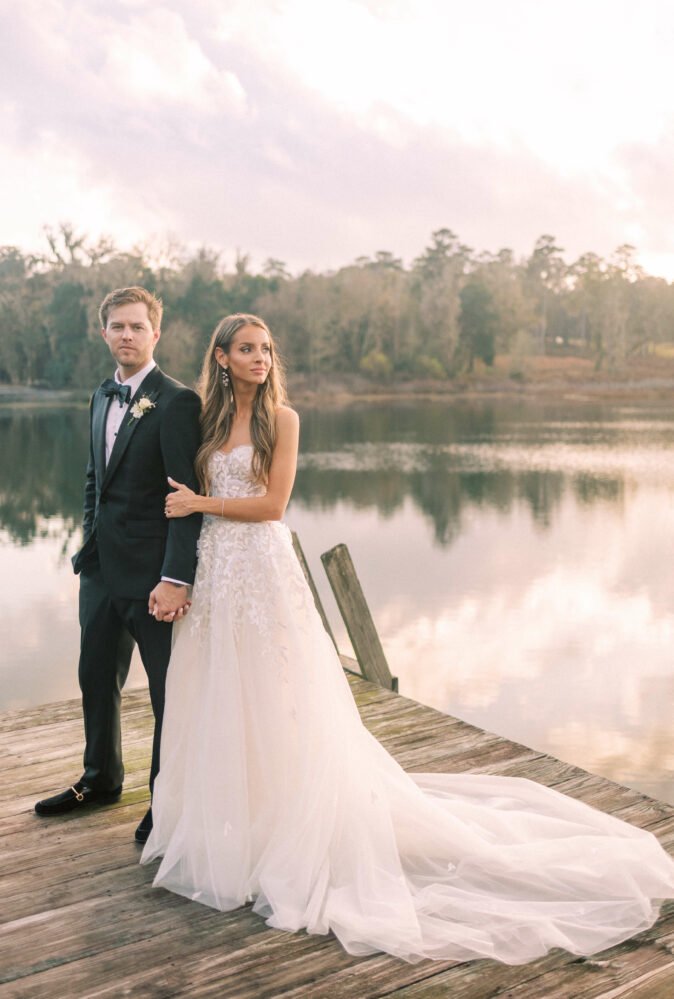 Hannah wearing Audrey gown & veil with matching baby Audrey