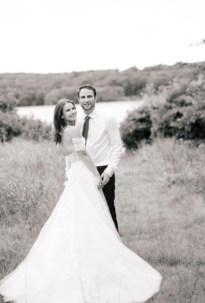 Lucy wearing Sallee gown & detachable draped sleeves
