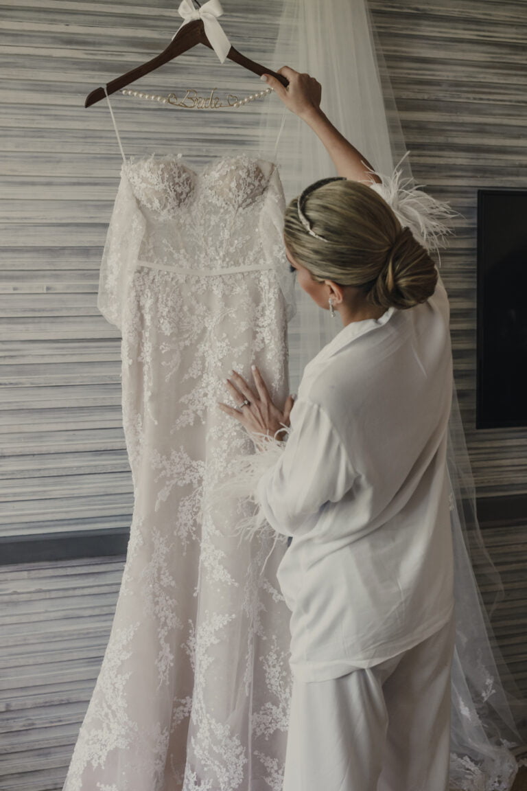 Maria wearing custom Jess gown with cuffs