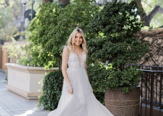 Dale wearing custom Sophia gown