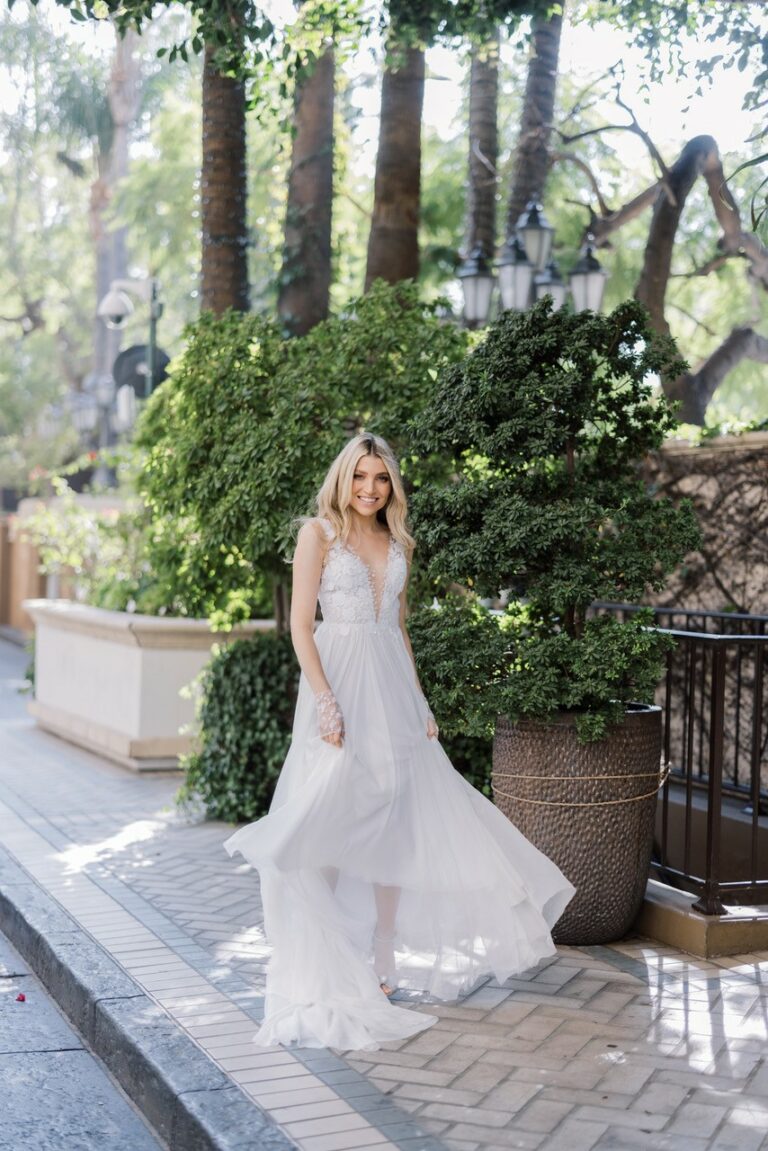 Dale wearing custom Sophia gown