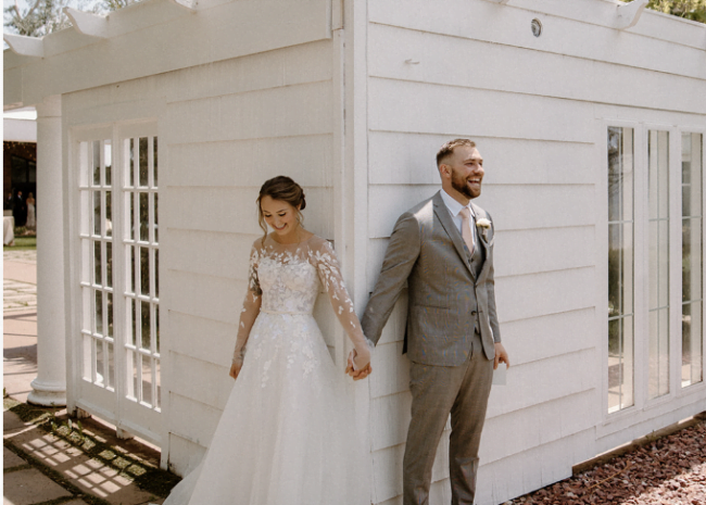 Jenna wearing Mila gown, matching veil & matching topper